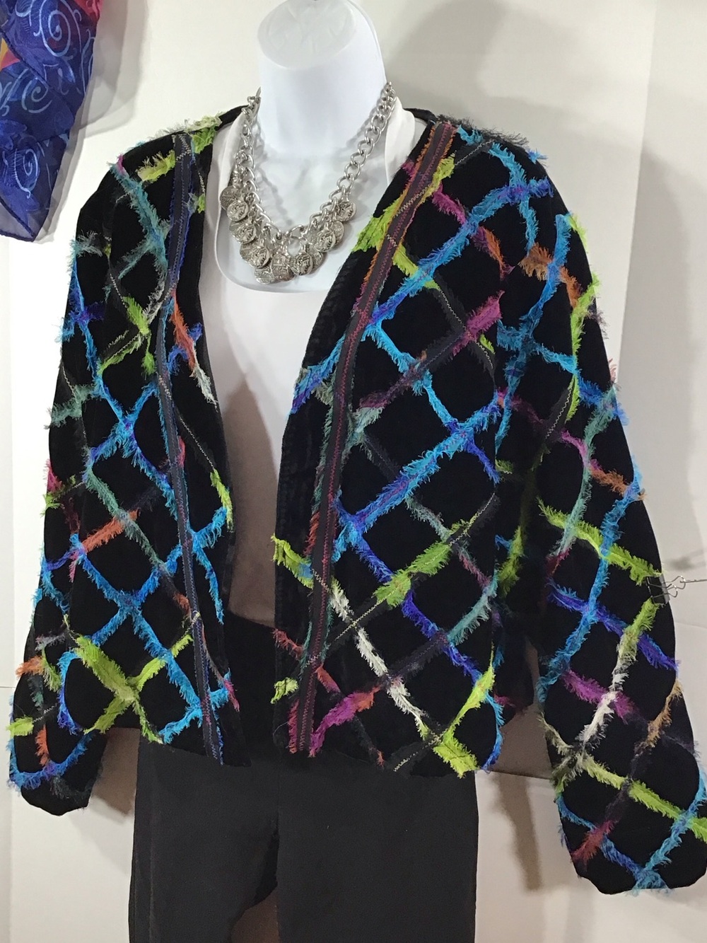 Chico's Black velvet open front Jacket with Multicolor Fringe Lattice XL